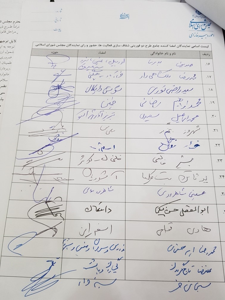 امضاهای طرح دو فوریتی شفاف&zwnj;سازی فعالیت، حضور و رای نمایندگان به 136 رسید+اسامی نمایندگان