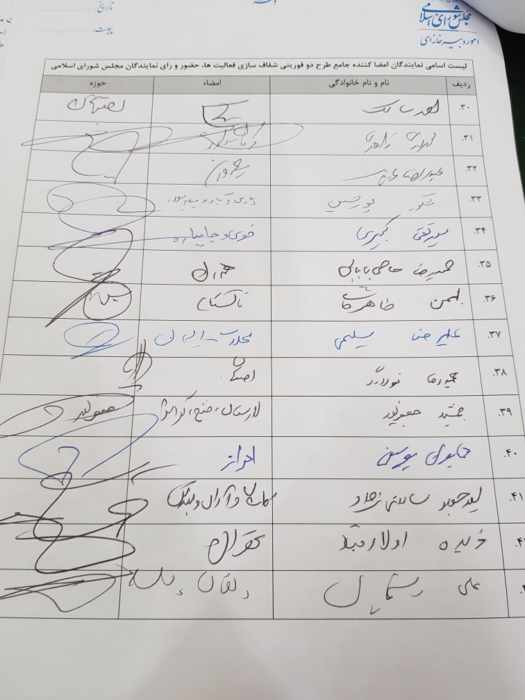 امضاهای طرح دو فوریتی شفاف&zwnj;سازی فعالیت، حضور و رای نمایندگان به 136 رسید+اسامی نمایندگان