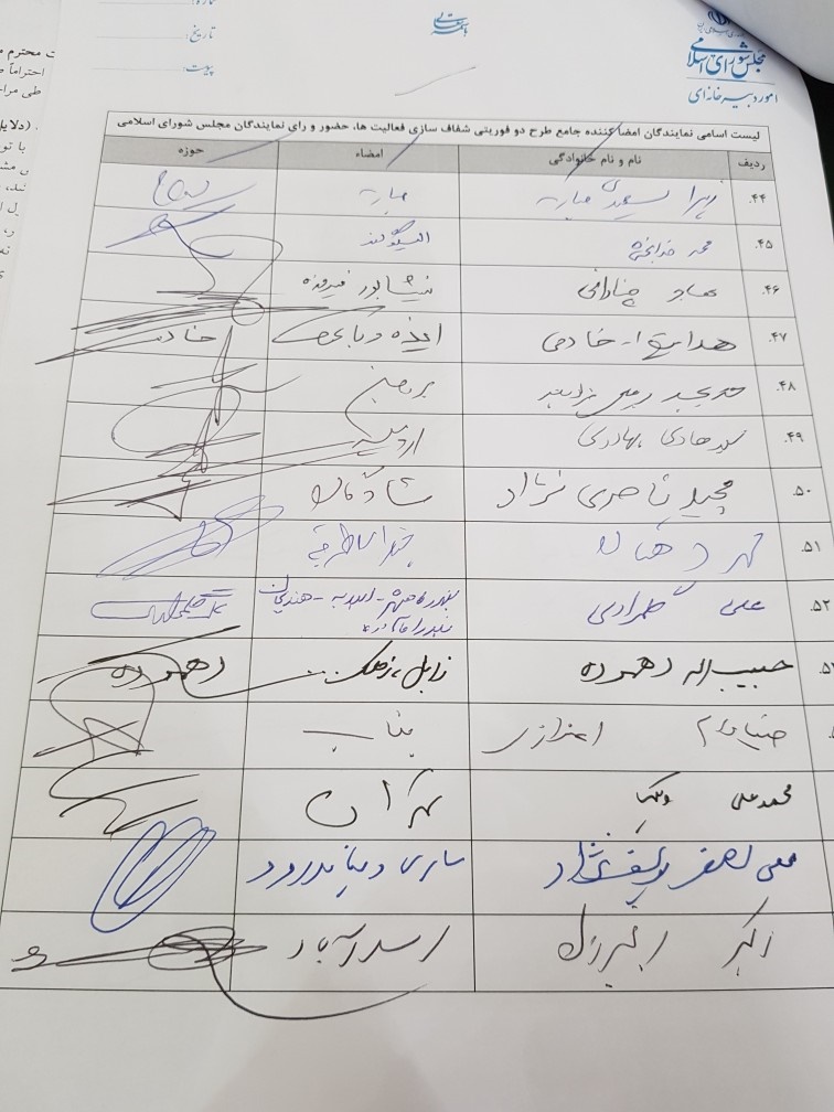 امضاهای طرح دو فوریتی شفاف&zwnj;سازی فعالیت، حضور و رای نمایندگان به 136 رسید+اسامی نمایندگان