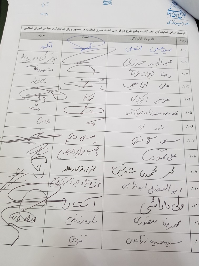 امضاهای طرح دو فوریتی شفاف&zwnj;سازی فعالیت، حضور و رای نمایندگان به 136 رسید+اسامی نمایندگان