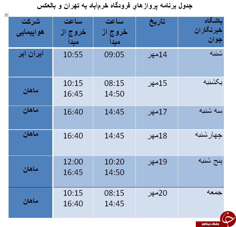 برنامه پرواز&zwnj;های فرودگاه خرم&zwnj;آباد تا ۲۰ مهرماه