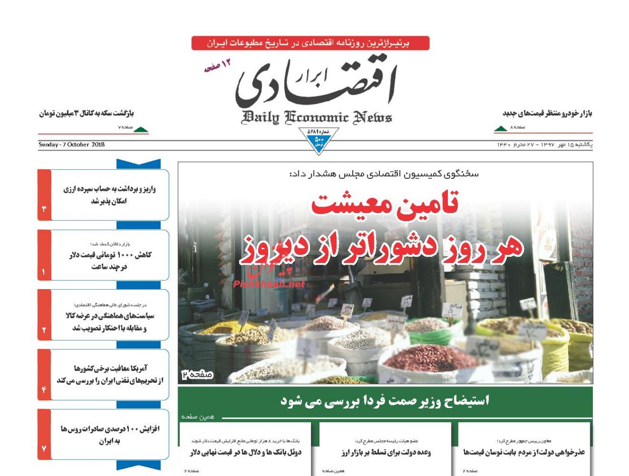 صفحه نخست روزنامه های اقتصادی 15 مهرماه