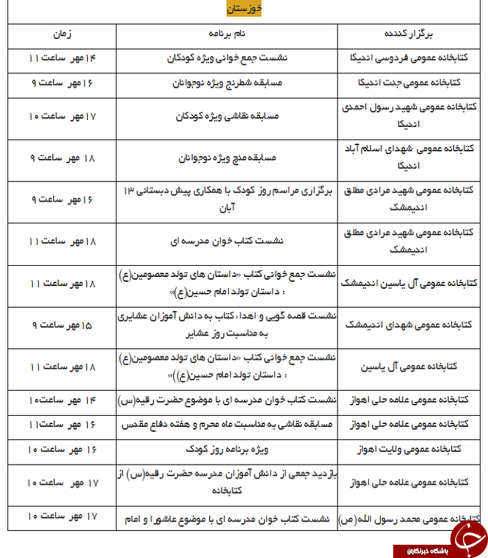 اعلام برنامه کتابخانه های عمومی در هفته ملی کودک
