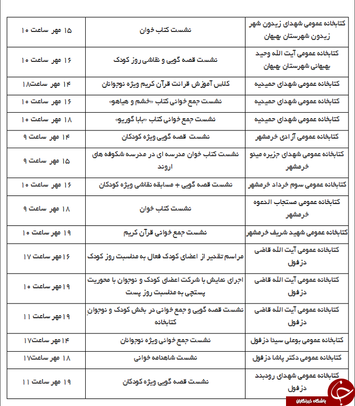 اعلام برنامه کتابخانه های عمومی در هفته ملی کودک
