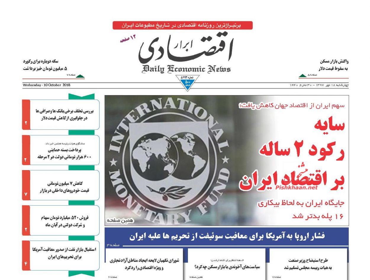 صفحه نخست روزنامه های اقتصادی 18 مهرماه