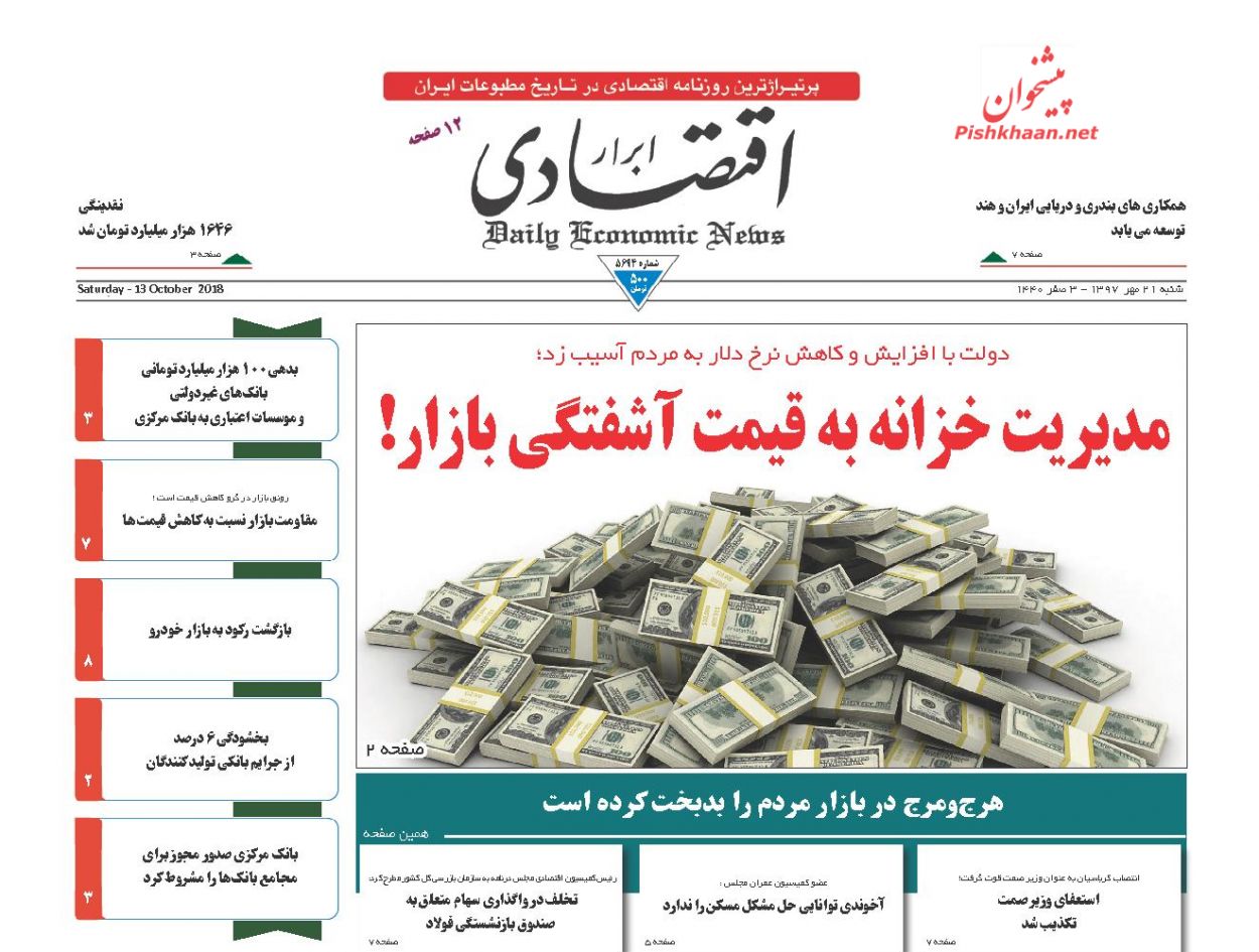 صفحه نخست روزنامه های اقتصادی 21 مهرماه