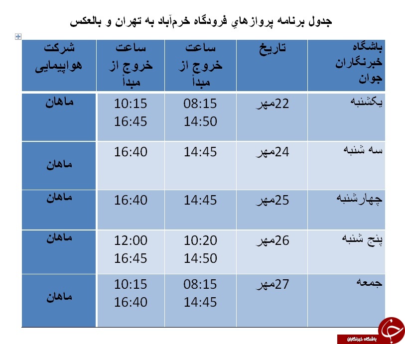 برنامه پرواز&zwnj;های فرودگاه خرم&zwnj;آباد تا ۲۷ مهرماه