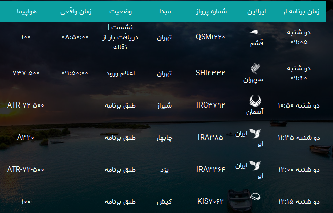 پرواز&zwnj;های فرودگاه بندرعباس دوشنبه ۲۳ مهر۹۷