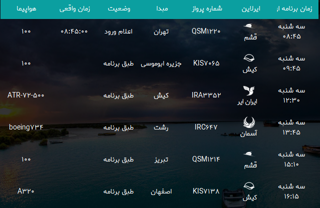 پرواز‌های فرودگاه بندرعباس سه شنبه ۲۴ مهر۹۷