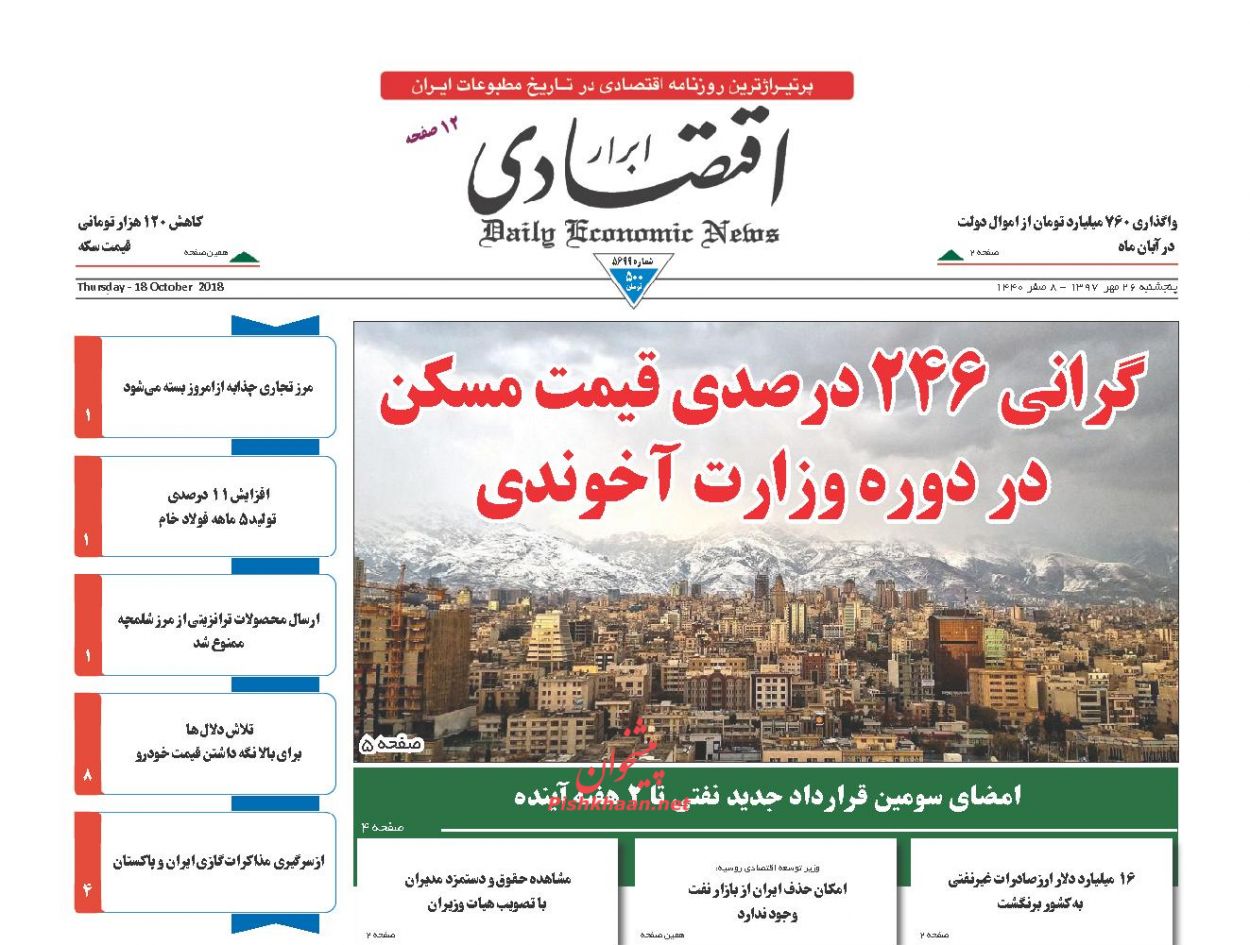 صفحه نخست روزنامه های اقتصادی 26 مهرماه