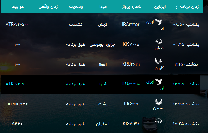 پرواز&zwnj;های فرودگاه بندرعباس یکشنبه ۲۹ مهر۹۷