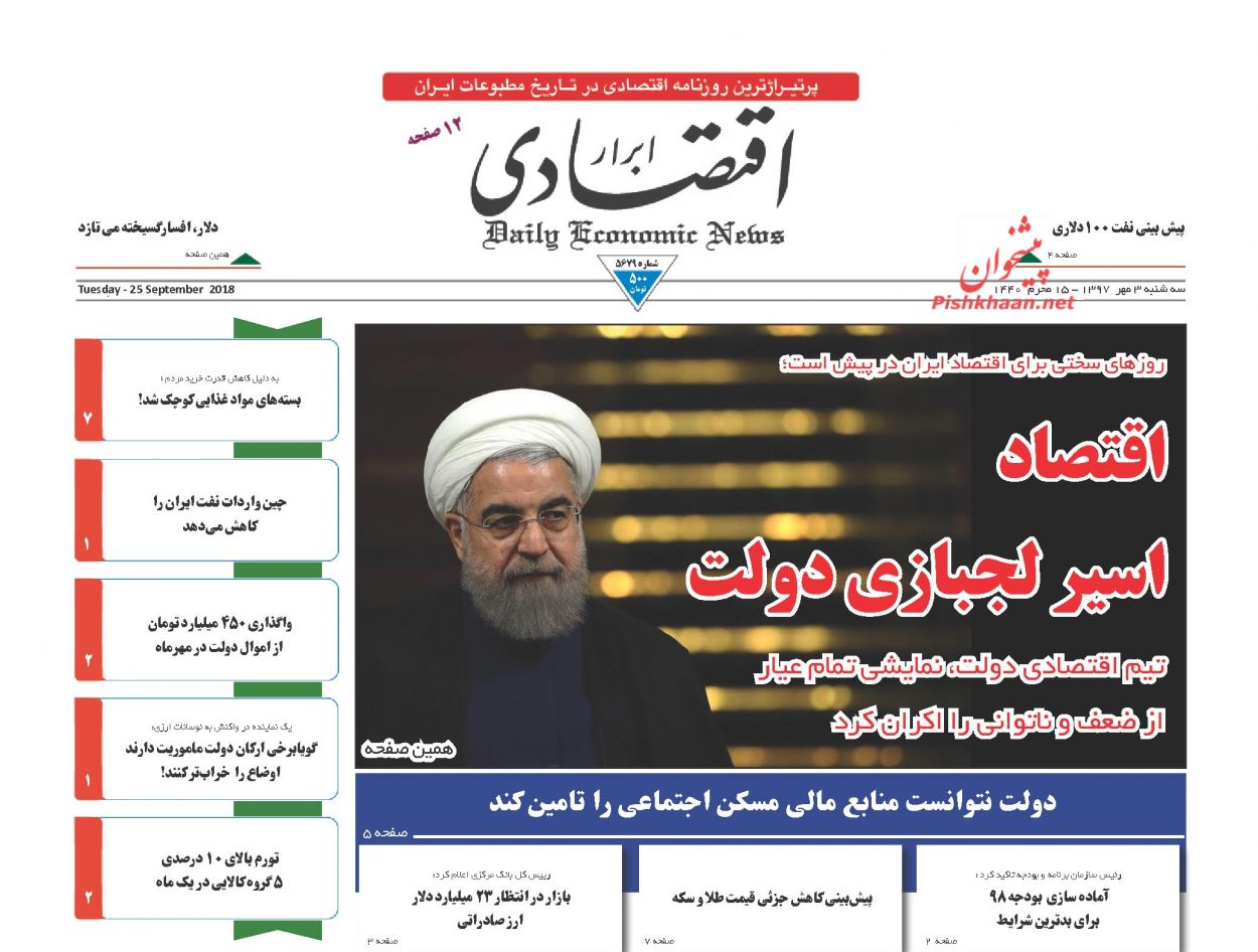 صفحه نخست روزنامه های اقتصادی 3 مهرماه