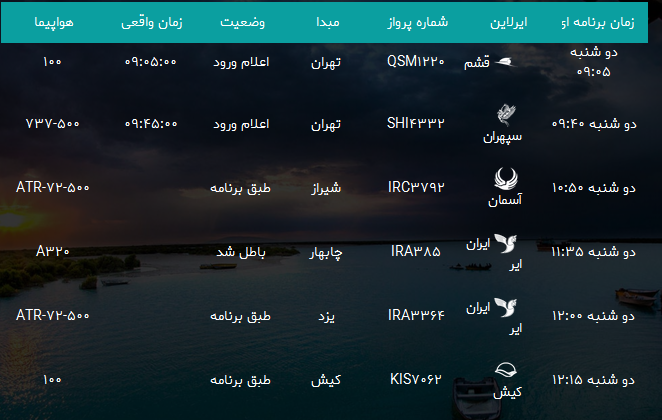 پرواز&zwnj;های فرودگاه بندرعباس دوشنبه ۳۰ مهر۹۷
