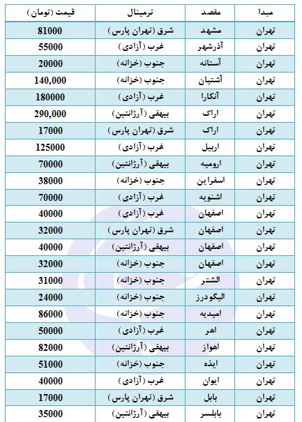 قیمت بلیت اتوبوس از مبدأ تهران به سایر استان&zwnj;ها