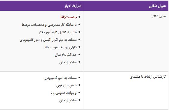 استخدام مدیر دفتر و کارشناس ارتباط با مشتری در زنجان