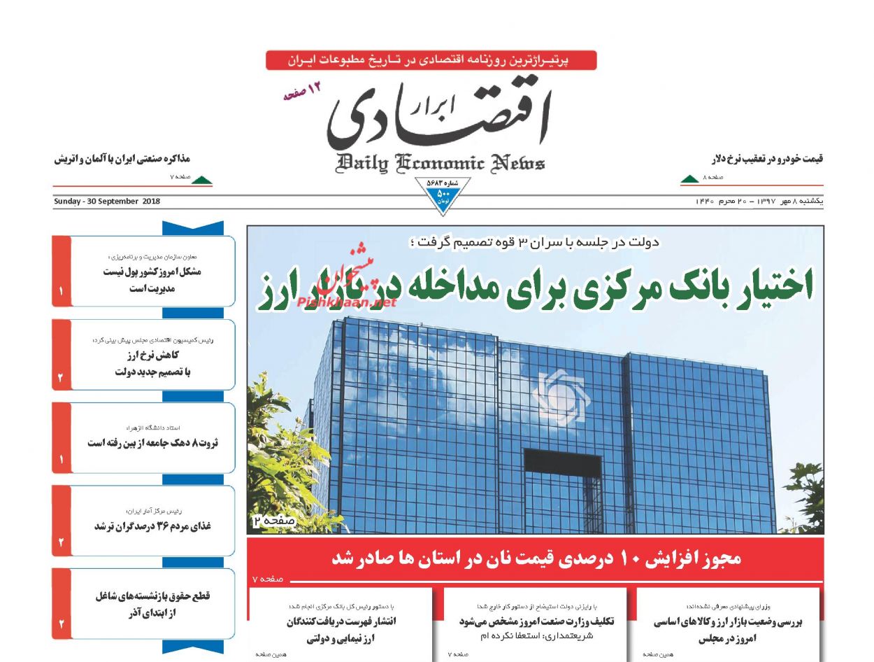 صفحه نخست روزنامه های اقتصادی 8 مهرماه