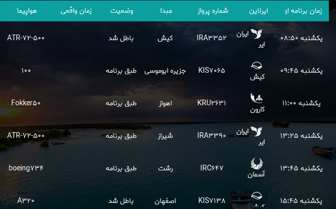 پرواز&zwnj;های فرودگاه بندرعباس یکشنبه ۸ مهر۹۷