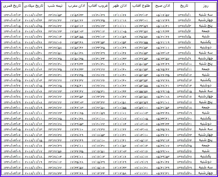 اوقات شرعی آبان ماه97 به افق مهاباد