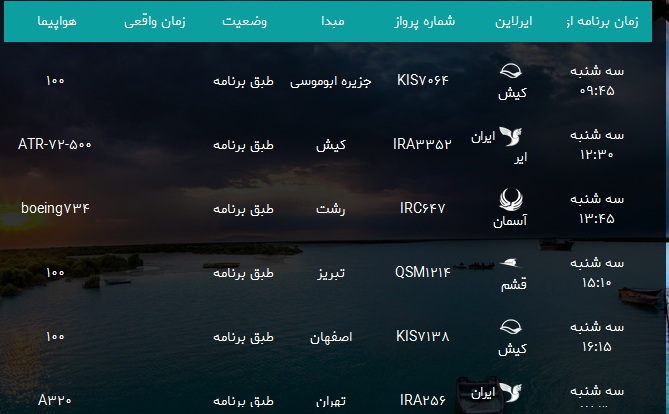 پرواز&zwnj;های فرودگاه بندرعباس سه شنبه ۱ آبان ۹۷