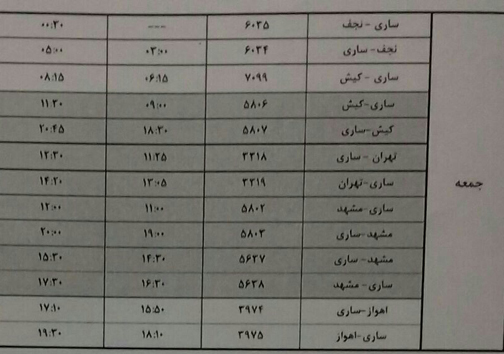پرواز&zwnj;های جمعه ۱۱ آبان ماه فرودگاه&zwnj;های مازندران