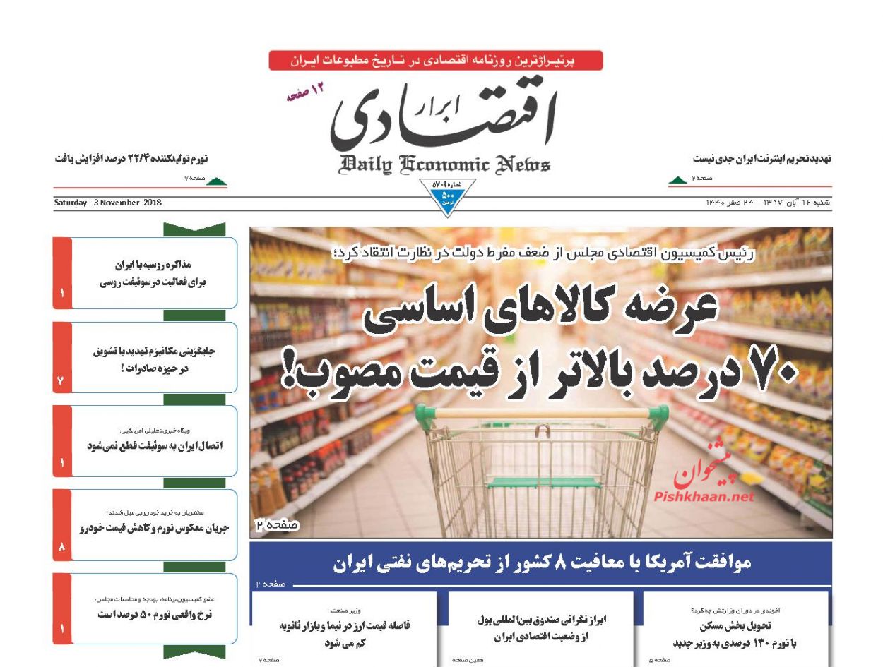 صفحه نخست روزنامه های اقتصادی 12 آبان ماه
