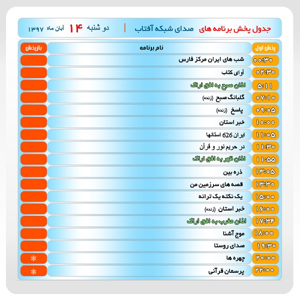 برنامه&zwnj;های صدای شبکه آفتاب در چهاردهم آبانماه ۹۷