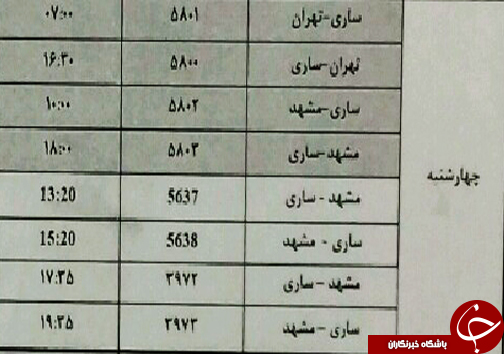 پرواز&zwnj;های چهارشنبه ۱۶ آبان ماه فرودگاه&zwnj;های مازندران