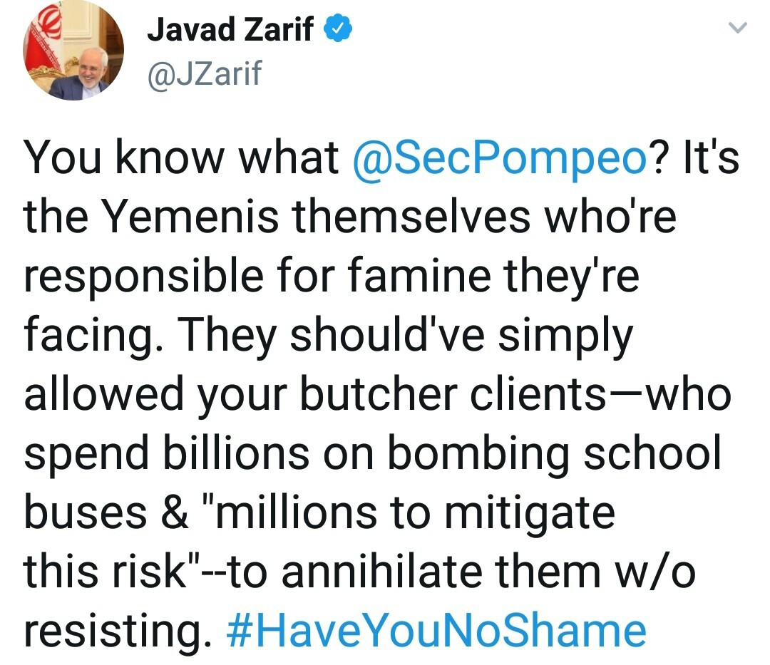 پاسخ ظریف به ادعاهای وزیر امور خارجه آمریکا در مورد یمن
