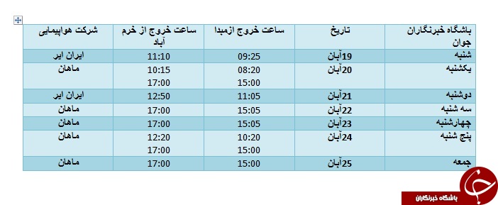برنامه پرواز&zwnj;های فرودگاه خرم&zwnj;آباد از ۱۹ تا ۲۵ آبان ماه