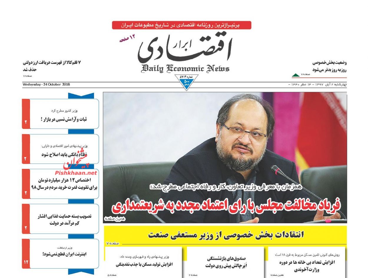 صفحه نخست روزنامه های اقتصادی 2 آبان ماه