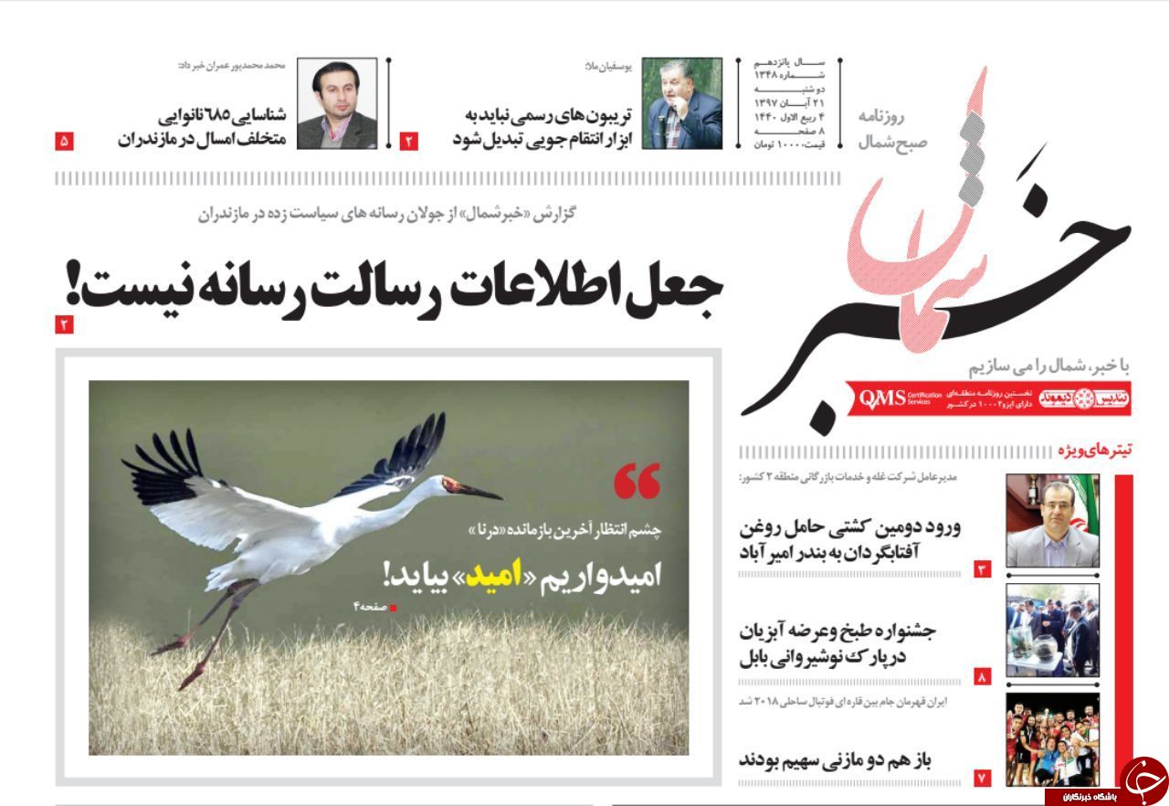 صفحه نخست روزنامه&zwnj;های دوشنبه ۲۱ آبان ماه مازندران