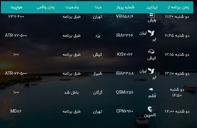 پرواز‌های فرودگاه بندرعباس دوشنبه ۲۱ آبان ۹۷