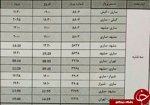 پرواز&zwnj;های سه شنبه ۲۲ آبان ماه فرودگاه&zwnj;های مازندران