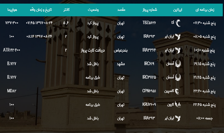 اعلام برنامه پرواز&zwnj;های پنجشنبه ۲۴ آبان فرودگاه یزد