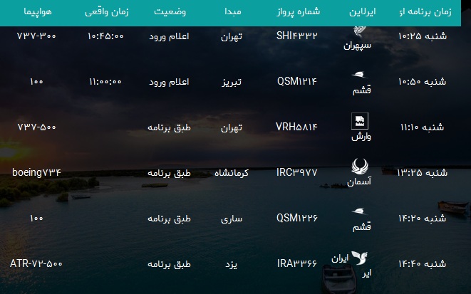 پرواز&zwnj;های فرودگاه بندرعباس شنبه ۲۶ آبان ۹۷