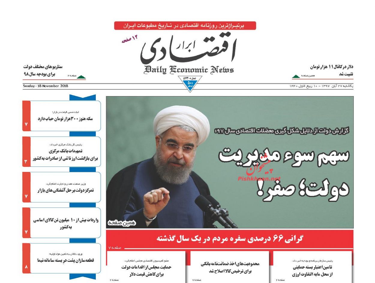 صفحه نخست روزنامه های اقتصادی 27 آبان ماه