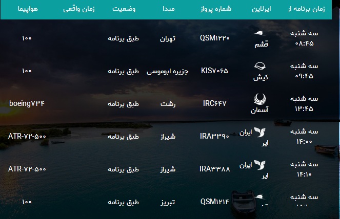 پرواز&zwnj;های فرودگاه بندرعباس دوشنبه ۲۸ آبان ۹۷