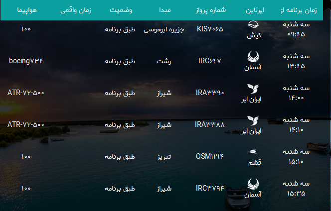 پرواز&zwnj;های فرودگاه بندرعباس سه شنبه ۲۹ آبان ۹۷