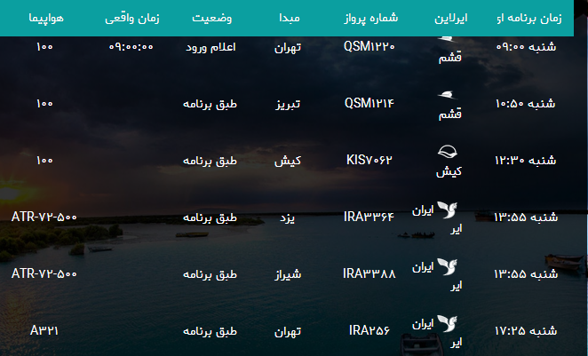 پرواز&zwnj;های فرودگاه بندرعباس شنبه ۵ آبان ۹۷