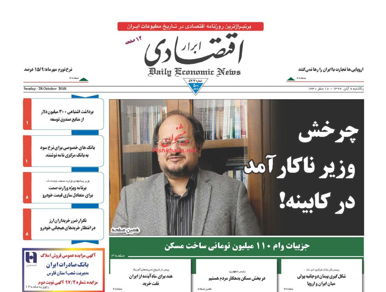 صفحه نخست روزنامه های اقتصادی 6 آبان ماه