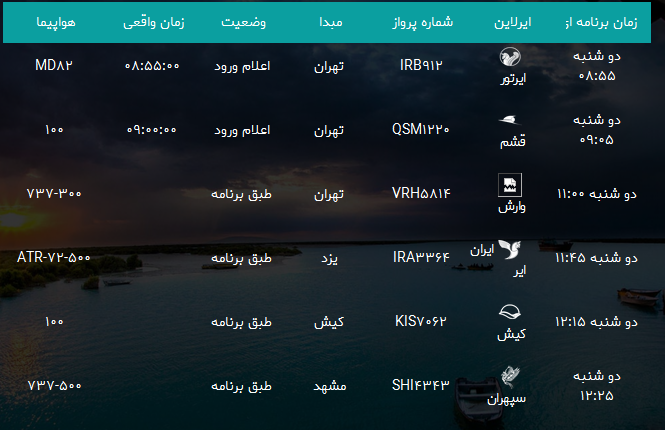 پرواز&zwnj;های فرودگاه بندرعباس دوشنبه ۷ آبان ۹۷