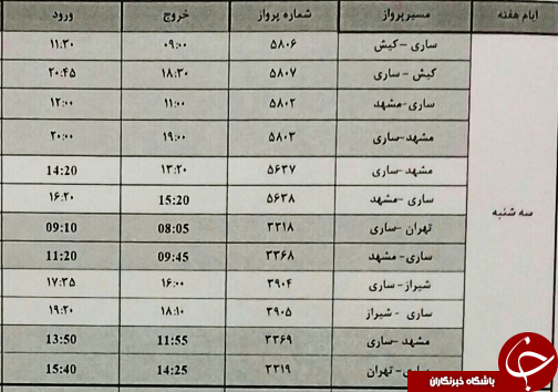 پرواز&zwnj;های سه شنبه ۸ آبان ماه فرودگاه&zwnj;های مازندران