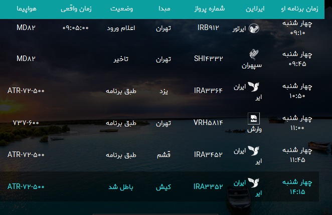 پرواز&zwnj;های فرودگاه بندرعباس چهارشنبه ۹ آبان ۹۷