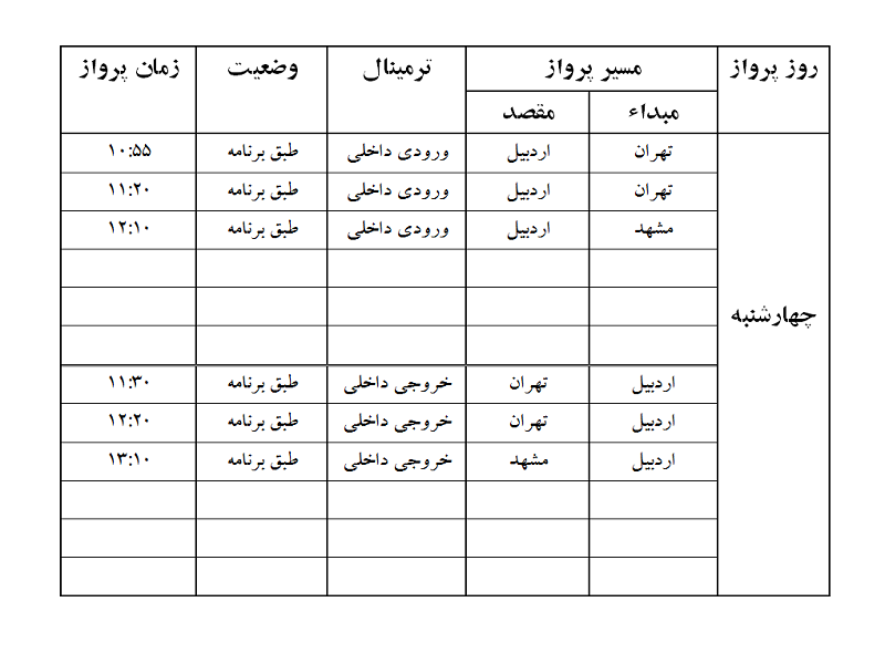 پروازهای فرودگاه اردبیل چهارشنبه 9 آبان ماه