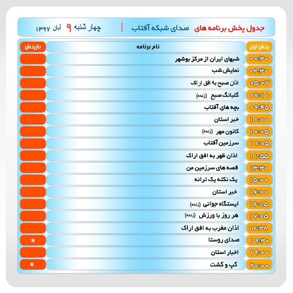 برنامه&zwnj;های سیمای شبکه آفتاب در نهم آبانماه ۹۷
