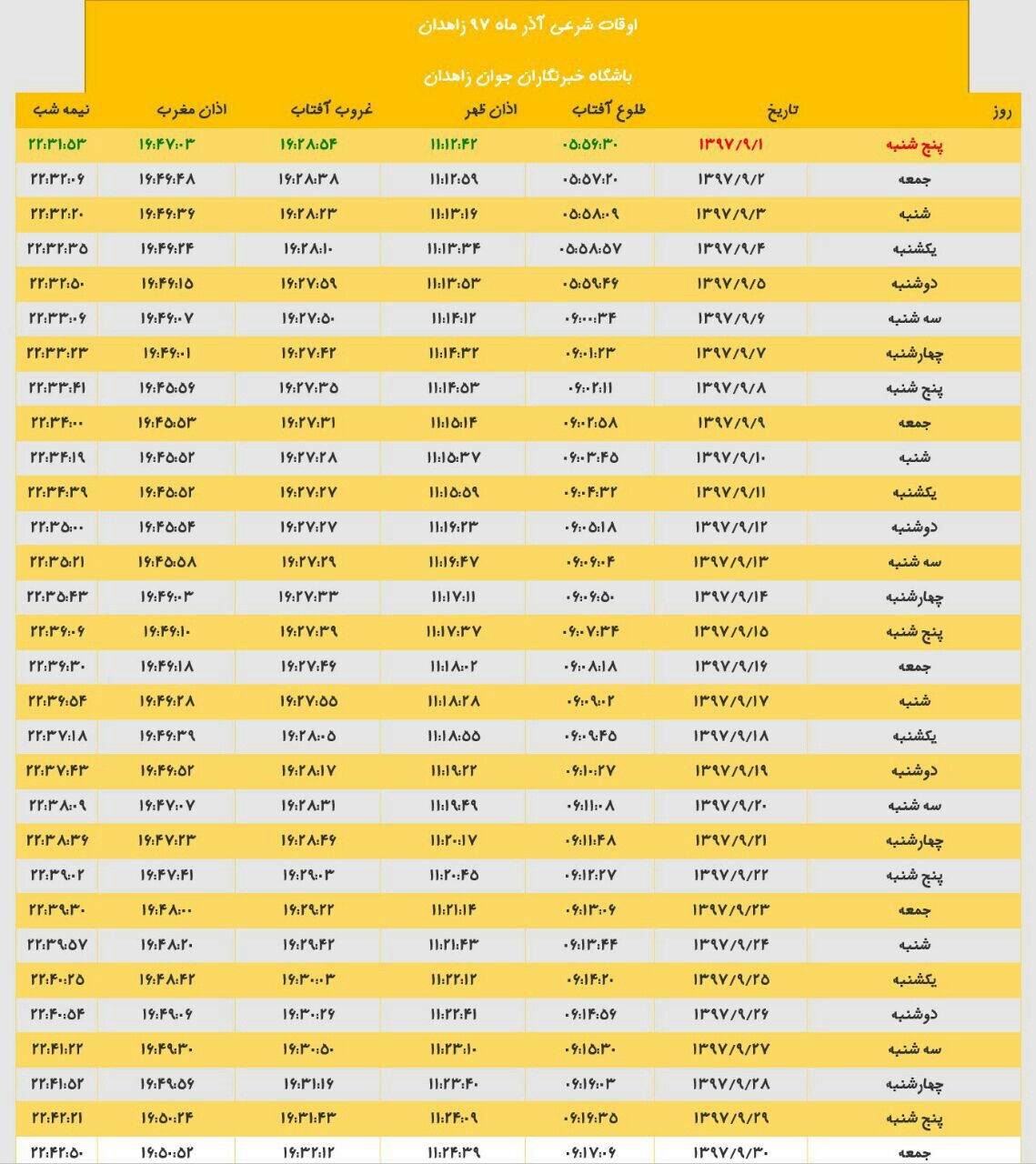 اوقات شرعی آذرماه 97 به افق زاهدان