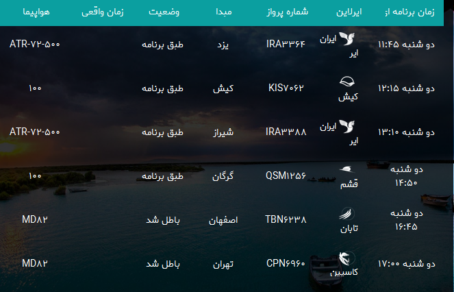 پرواز&zwnj;های فرودگاه بندرعباس دوشنبه ۱۲ آذر ۹۷