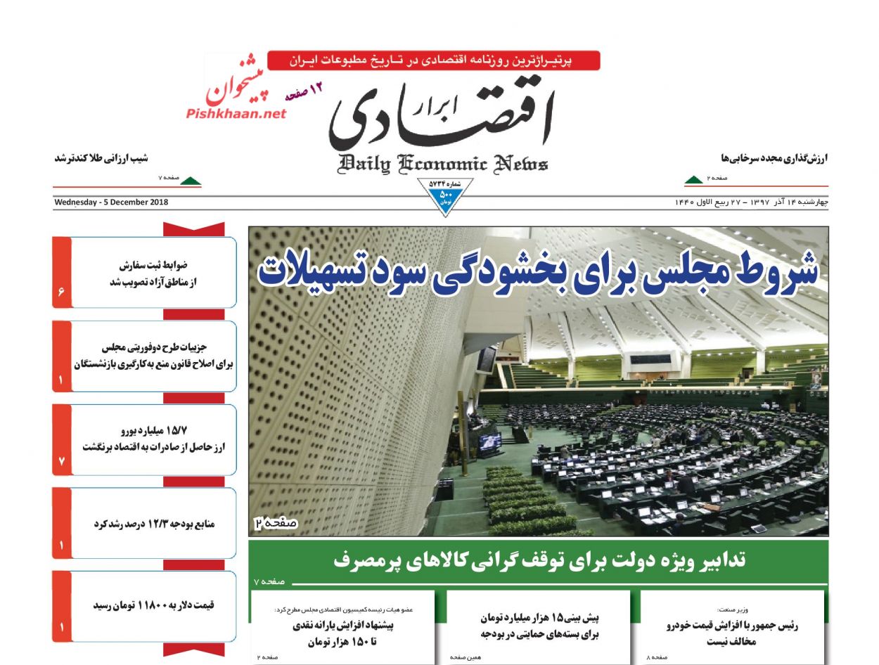 صفحه نخست روزنامه&zwnj;های اقتصادی ۱۴ آذر ماه