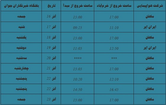 برنامه پرواز&zwnj;های فرودگاه خرم&zwnj;آباد تا ۲۳ آذر&zwnj;ماه ۱۳۹۷
