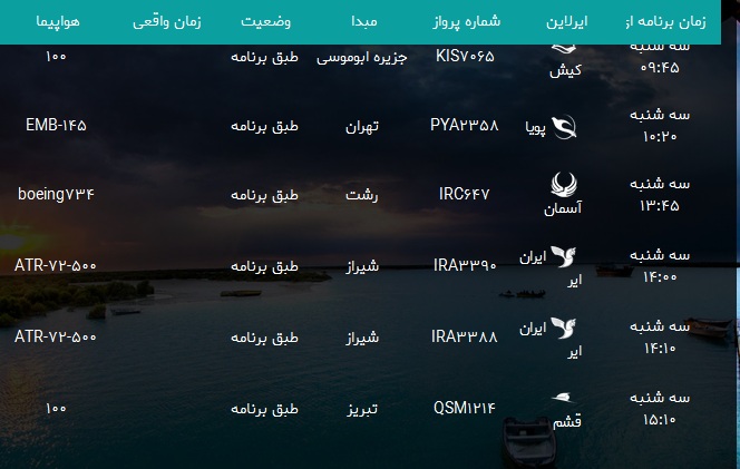 پرواز&zwnj;های فرودگاه بندرعباس سه شنبه ۲۰ آذر ۹۷